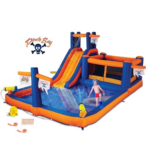 Blast Zone Pirate Bay Wet/Dry Bounce House Water Park Blue/Orange