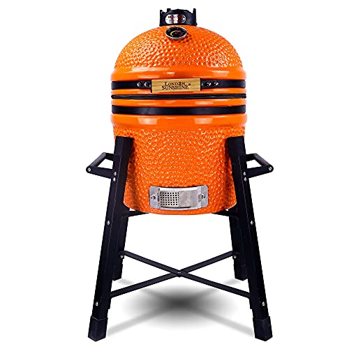 London Sunshine Ceramic Kamado Charcoal BBQ Grill and Smoker, Stainless Steel Grates -15" Ceramic with Tall Stand (ORANGE)