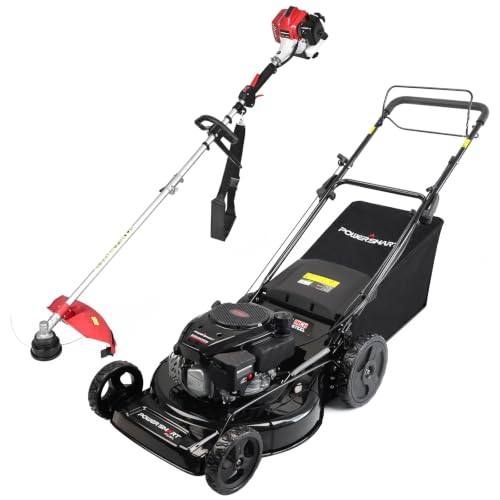 PowerSmart 22-Inch 170cc Self-Propelled Gas Lawn Mower Black & 16-Inch 25.4cc String Trimmer/Edger with 10-Inch Brush Cutter for Grass Cutting