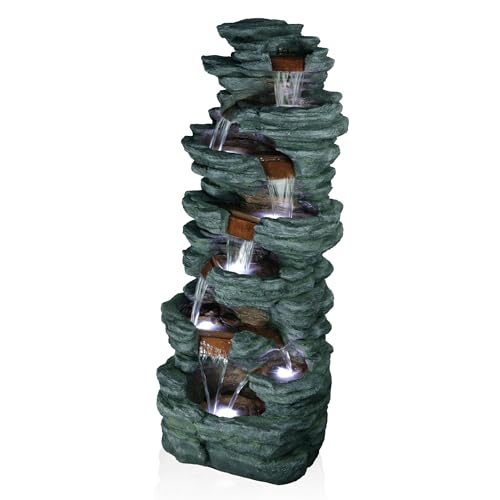 Alpine Corporation TZL274 Outdoor Floor Cascading Stone Fountain w/LED Lights, Multi-Tier Garden Water Fountain, 79" H, Gray