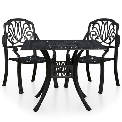 KUPTYERFG 3 Piece Cast Aluminum Bistro Set, Outdoor Patio Dining Set with 35.4 in Round Table and 2 Armchairs, Black Matte Finish Metal Furniture for Garden and Terrace