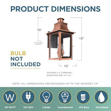 Quoizel Chalmers Outdoor Wall Lantern, 19 Inch 2-Light Aged Copper Vintage Wall Sconce, French Country Wall Light, Clear Glass, 60W Candelabra Bulb, Outside Lights for Patio, Porch, Garage or Yard