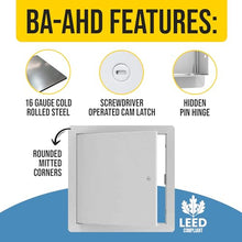 BEST BA-AHD 24" x 30" Metal Access Panel with Concealed Pin Hinge, LEED Compliant 16-Gauge Steel Access Door for Non-Rated Drywall/Ceilings, White Drywall Panel with Rounded Corners, Screwdriver Latch