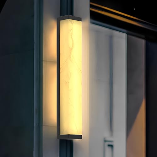 PeiyuLight Classic Alabaster Outdoor Wall Light - Long Linear IP65 Waterproof Wall Sconce with Black Stainless Steel, 10W LED for Porch and Patio(60CM)