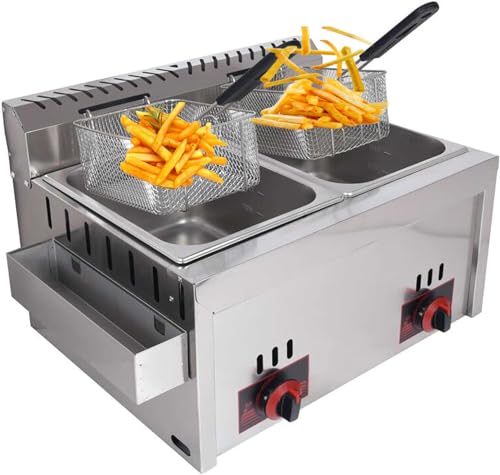 10 * 2L Large Capacity Stainless Steel LPG Gas Fryer Commercial and Home Use Adjustable Firepower Includes Baskets and Lids Perfect for Chips, Donuts, Fish Easy to Clean