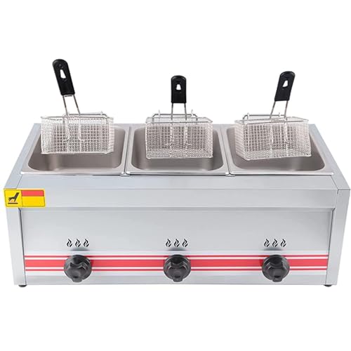 FANYING Professional Commercial Gas Fryer, Stainless Steel Lpg Fryer, Adjustable Firepower, Large Capacity Fryer, with Baskets and Lid, Easy Cleaning,Triplecylinder10l+10l+10l