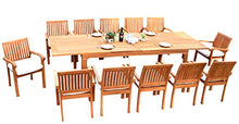 13 PC A Grade Outdoor Patio Teak Dining Furniture Set - 122" Double Extension Caranas Table & 12 Naples Stacking Arm Chairs