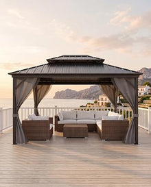 Hardtop Gazebo 12x16 ft, with Double Metal Roof, Net, and Curtain, Pergola for Patio, Deck, Backyard, Lawn, and Garden