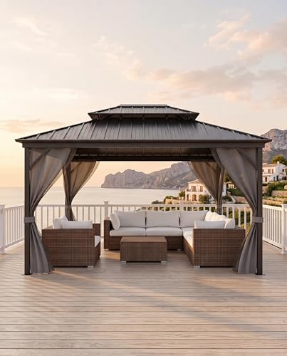 Hardtop Gazebo 12x16 ft, with Double Metal Roof, Net, and Curtain, Pergola for Patio, Deck, Backyard, Lawn, and Garden