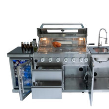 85Inch Stainless Steel Gas Grill Island for Outdoor Kitchen Bar Barbecue | 6-Burner, 85000 BTU, Wine Cooler, Compact Refrigerator, Rotisserie, Granite Countertops, Storage Cabinets & Drawers