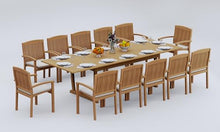 WholesaleTeak 12 Seats 13 Pcs Grade-A Teak Wood Dining Set: 118" Double Extension Mas Rectangle Trestle Leg Table and 12 Wave Stacking Arm Chairs #11WV2512