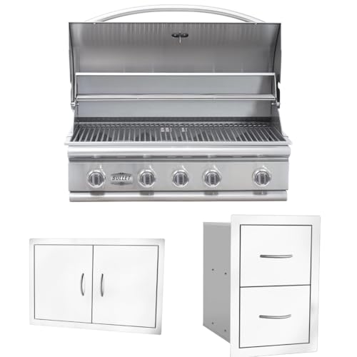 Bullet by Bull Stainless Steel Outdoor - Built-In Natural Gas Grill -Outdoor Kitchen Island Bundle - Includes 5 Burner BBQ, Double Access Door & Double Storage Drawer