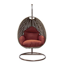 LeisureMod Wicker Rattan Hanging Egg Swing Chair with Stand & Cushion - Cherry Swing Chair for Indoor/Outdoor, Patio, Bedroom, Lounge Seat