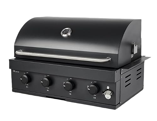 4-Burner Gas & Charcoal Combo Built-in BBQ Grill – Outdoor Tabletop Barbecue with Thermometer, Cast Iron Grates, Pull-Out Grease Tray – for Patio, Garden, or Backyard Use
