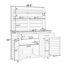 Outdoor Potting Bench Table with Storage Cabinet & Wheels, Wooden Garden Potting Table Workstation with Hutch, Drawers, Shelves & Hooks, Multifunctional Grill Cart for Patio Backyard