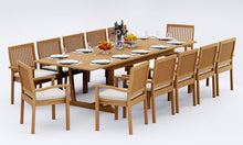 WholesaleTeak 12 Seats 13 Pcs Grade-A Teak Wood Dining Set: 118" Double Extension Mas Rectangle Trestle Leg Table and 12 Leveb Stacking Arm Chairs #11LV2512