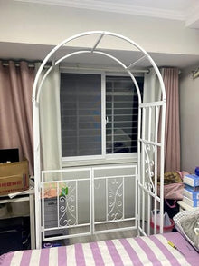 iumLeap W114xH210cm Metal Garden Arch Trellis White Rose Arbor Stand Heavy Duty Wedding Archway with Gate for Climbing Plants Outdoor, Patio, Pergola Arbour
