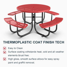 Hassyee Heavy Duty Outdoor Picnic Table and Build-in Benches Set with Mesh Design for Poolside,Garden, Patio Furniture Set with Steel Legs and Umbrella Hole for Park, Balcony (Red Round Table)
