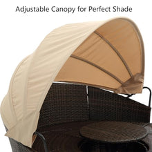 BAIESTWANG Outdoor Rattan Round Daybed with Canopy, Bali Patio Lounge Sofa Bed with Lift Coffee Table, 4-Piece Clamshell Sectional Seating, Removable Washable Cushions Beige