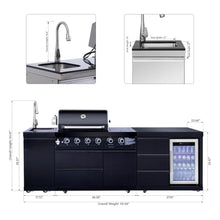 Modular Stainless Steel Outdoor Kitchen Island,All-in-One BBQ Grill Station with Sink,Storage Drawers, Side Prep Counter (101 IN Black Side Burn Sink Fridge, 101", Propane Gas Grill)