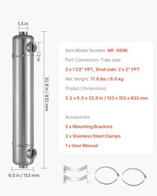 VEVOR Pool Heat Exchanger, 360K BTU Swimming Pool Heater Exchanger, 316L Stainless Steel Construction, High Efficiency Water to Water Transfer Heating System for Spa, Hot Tub, Indoor/Outdoor, Silver