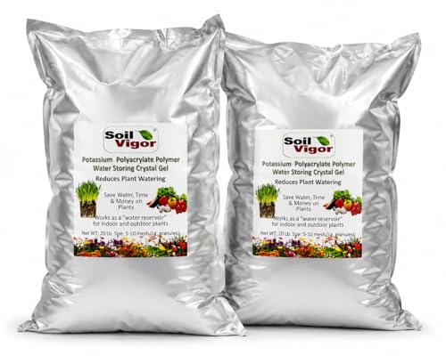 Potassium Super Absorbent Polymers: Moisture & Fertilizer Retention for Plants - Soil Vigor® SAP Water Storing Crystals | Reduce Watering & Fertilizer by 50% | For Gardens, Lawns & Indoor Plants 40 Lb