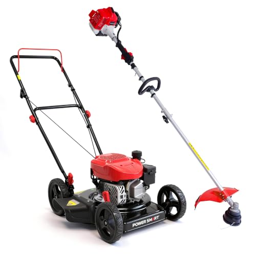 PowerSmart 18-Inch 144cc Push Gas Lawn Mower & 16-Inch 25.4cc String Trimmer/Edger with 10-Inch Brush Cutter for Grass Cutting