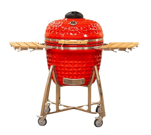 26" Large Kamado Grill COALS by Comfortbilt Ceramic Grill Charcoal Grill Smoker with Cart Side Shelves and 680 Cooking Square Inches in Red