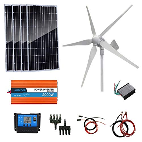 AUECOOR 1200 Watts Wind Solar Powered System(Hybrid System Kit): 800W Wind Turbine Generator + 4pcs 100W Monocrystalline Solar Panel + 2000W Pure Since Wave Inverter(Peak 4000W)+Accessories