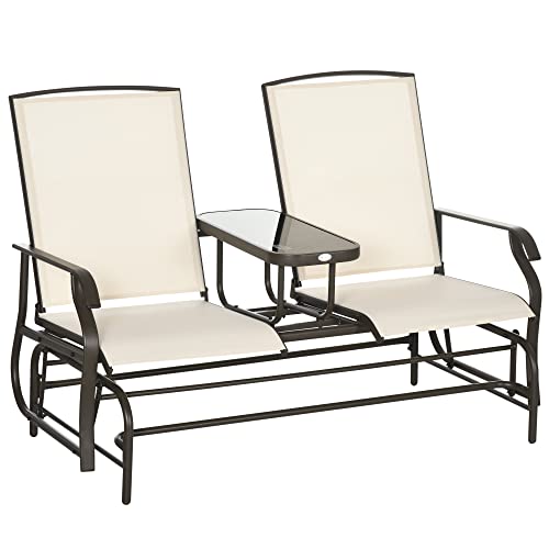 Oosofi Outdoor Glider Bench with Center Table, Metal Frame Patio Loveseat with Breathable Mesh Fabric and Armrests for Backyard Garden Porch, Beige
