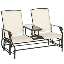 Oosofi Outdoor Glider Bench with Center Table, Metal Frame Patio Loveseat with Breathable Mesh Fabric and Armrests for Backyard Garden Porch, Beige