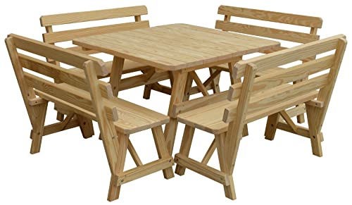 Furniture Barn USA Pine 43" Square Table with 4 Backed Benches, Unfinished