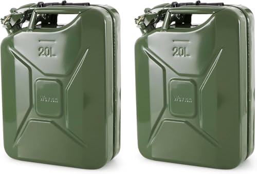 Wavian 5.3 Gallon 20 Liter Authentic CARB Fuel Jerry Can w/Spout, Wavian USA Authentic NATO Jerry Can and Spout System - Rust-Proof, Green, 5 Gallon Gas Cans for Gasoline, Pack of 2
