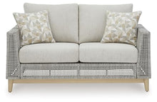Signature Design by Ashley Seton Creek Cottage Weather Resistant Outdoor Loveseat with Cushion and 2 Throw Pillows Light Brown & Light Gray