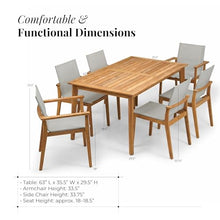 POVL Outdoor Menlo 7-Piece Teak Hardwood Patio Dining Set for 6 — 63" x 35.5” Compact Rectangular Grade A Teak Table, 2 Stacking Armchairs & 4 Stacking Side Chairs - for Small Patios & Decks (Winter)