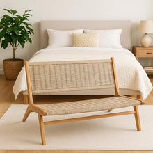 TeakCraft Teak Rattan Lounge Bench for 2 – Mid Century Modern Bench, Solid Teak Wood, Natural Rattan, Boho & Scandinavian Style Seating for Living Room, Bedroom, Patio – Easy Assembly, The Lyra
