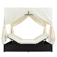 Patio Chaise Lounge, PE Rattan Outdoor Patio Wicker Sunbed Daybed with Adjustable Seats, Four-sided Canopy, Overhead Curtain and Beige Cushions for Backyard, Garden, Poolside (for 2-6 people)