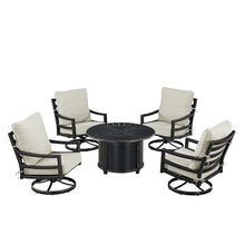 Oakland Living Black Aluminum Patio Fire Table Set with Four Club Chairs with Light Grey Cushions