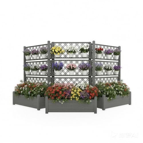 Tramull 5' Tall Raised Garden Bed with Trellis, Self Watering Planter Box for Outdoor Climbing Plants Resin Garden Lattice for Vegetables, Flowers, Tomato & Vine with Drainage Holes (Coffee, 3 Pack)