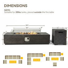 COSIEST 56 x 28 inch Outdoor Propane Fire Pit Coffee Table w Concrete Rectangle Base, Certified, 50,000 BTU, Free Lava Rocks and RainCover, Fits 20lb Tank Outside, Wind Guard, Tank Cover, Gray