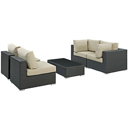 Modway Sojourn Wicker Rattan 5 Piece Outdoor Patio Sunbrella Sectional Set in Canvas Antique Beige