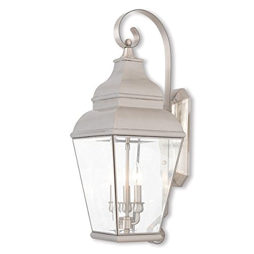Livex Exeter Collection Three Light Outdoor Wall Lantern Brushed Nickel