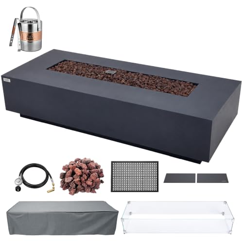 AMS 72" Rectangular Concrete Natural Gas Fire Pit Table Bundle - Dark Gray