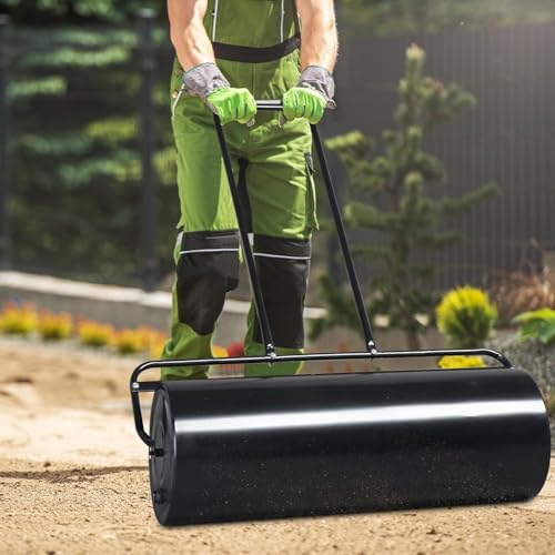 Lawn Roller Water Filled, 36" Iron Yard Rollers, Outdoor Roller for Yard, U-Shaped Handle, Lawn Tractor Attachments, Easy to Maintain, Manual Grass Rollers for Soil Compaction, Weed Control, Black