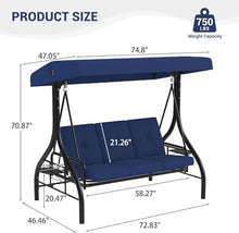 FinerFurnis Adjustable Canopy & Convertible Bed – 3-Seat Outdoor Patio Swing Chair – Thick Cushions, Built-in Cup Holders & Tray, Weather-Resistant Steel Frame, Sturdy for Backyard or Porch – Navy