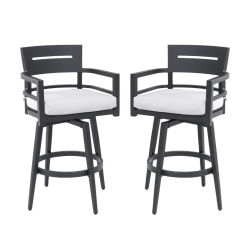 Tanimoreg Set of 2 Modern Outdoor Swivel Bar Stools, Weather Resistant Aluminum Patio Bar Chairs with 360° Rotation Sunbrella Fabric Cushion Ergonomic Armrest for Deck Garden Backyard Poolside