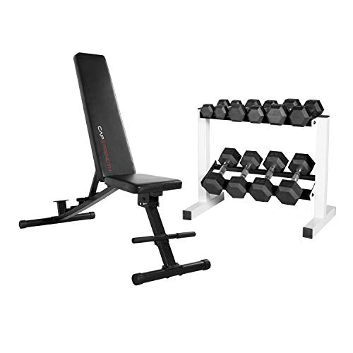 Cap Barbell 150-Pound Dumbbell Set with 24-Inch White Rack & Adjustable Bench Bundle