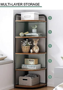 KAJIAO 3-Tier/4-Tier/5-Tier Corner Bookshelf, Industrial Black Metal Corner Ladder Shelf with Metal Frame, Corner Storage Rack Plant Stand for Living Room, Bedroom, Balcony(5tier)