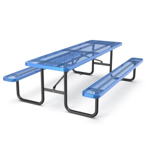 Homyee Metal Rectangular Picnic Table with Built-in Benches and Steel Frame for Backyard, Park, Outdoor Blue Furniture Set with Powder Coat Finish for Lawn, Poolside, Garden