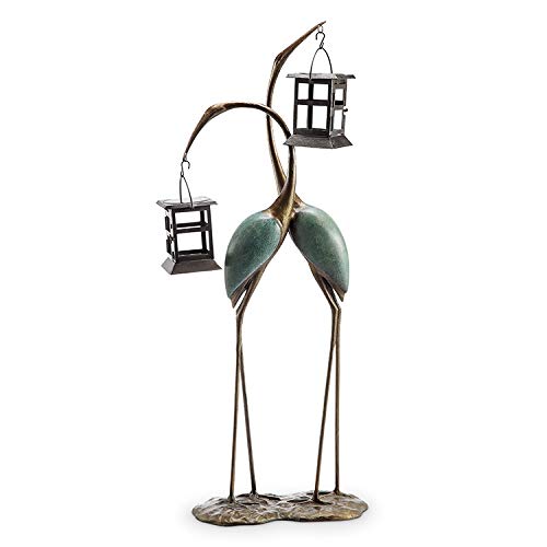 SPI Stylized Crane Pair LED Garden Decor - Brown Rustic Outdoor Statues with Solar-Powered Lights - All Seasons - Floral Theme